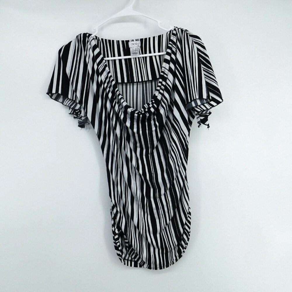 Cache Blouse Womens XS Pullover Black White Striped Stretchy Side Drawstrings